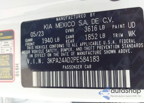 2023 Kia Rio Lx z USA, uszkodzony, nr VIN 3KPA24AD2PE584183